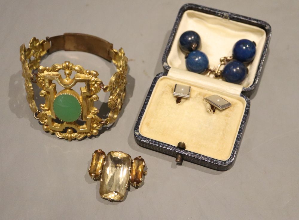A yellow metal and three stone citrine set brooch, a yellow metal and simulated jade set pierced bracelet, etc.